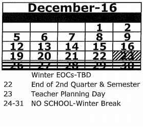 District School Academic Calendar for Fox Hollow Elementary School for December 2016