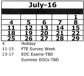 District School Academic Calendar for Fox Hollow Elementary School for July 2016