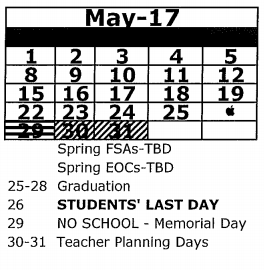 District School Academic Calendar for Fox Hollow Elementary School for May 2017