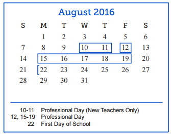 District School Academic Calendar for Lee Middle School for August 2016