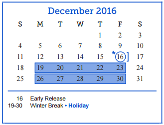 District School Academic Calendar for Central Freshman Campus for December 2016
