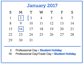 District School Academic Calendar for Central Freshman Campus for January 2017