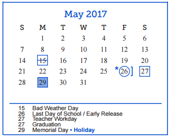 District School Academic Calendar for Lee Middle School for May 2017