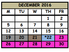 District School Academic Calendar for Milwee Middle School for December 2016
