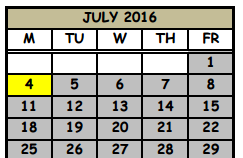 District School Academic Calendar for Milwee Middle School for July 2016