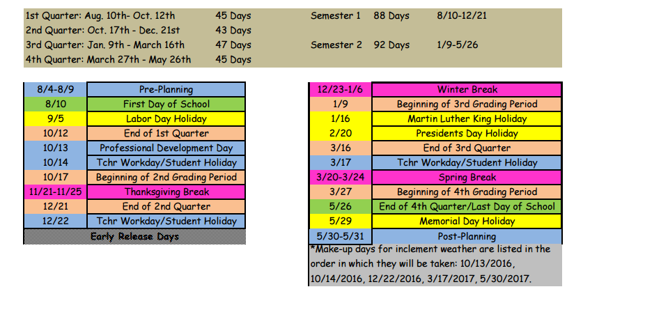 District School Academic Calendar Key for Milwee Middle School