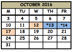 District School Academic Calendar for Milwee Middle School for October 2016