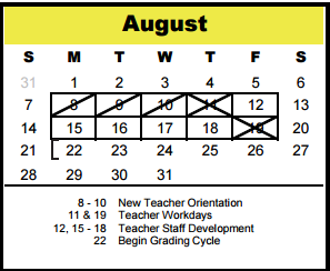 District School Academic Calendar for Memorial Middle for August 2016