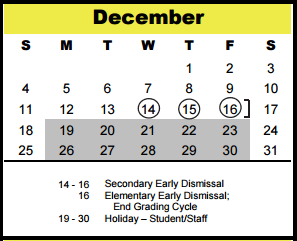 District School Academic Calendar for Memorial Middle for December 2016