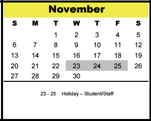 District School Academic Calendar for Memorial Middle for November 2016