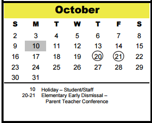District School Academic Calendar for Memorial Middle for October 2016