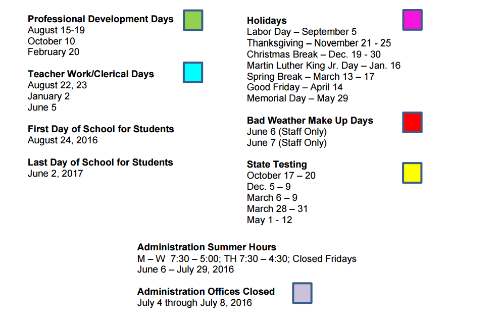 District School Academic Calendar Key for Hubbard Middle