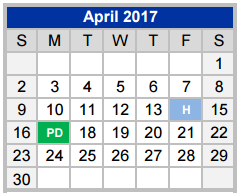 District School Academic Calendar for Weatherford H S Ninth Grade Center for April 2017