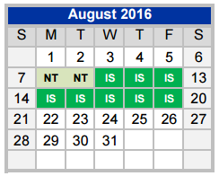 District School Academic Calendar for Weatherford H S Ninth Grade Center for August 2016