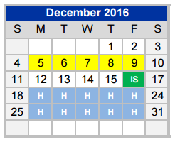 District School Academic Calendar for Weatherford H S Ninth Grade Center for December 2016
