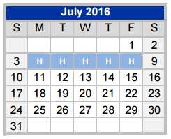 District School Academic Calendar for Weatherford H S Ninth Grade Center for July 2016