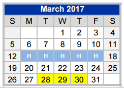 District School Academic Calendar for Weatherford H S Ninth Grade Center for March 2017