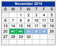 District School Academic Calendar for Weatherford H S Ninth Grade Center for November 2016