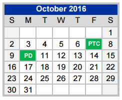 District School Academic Calendar for Weatherford H S Ninth Grade Center for October 2016