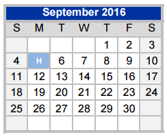 District School Academic Calendar for Weatherford H S Ninth Grade Center for September 2016