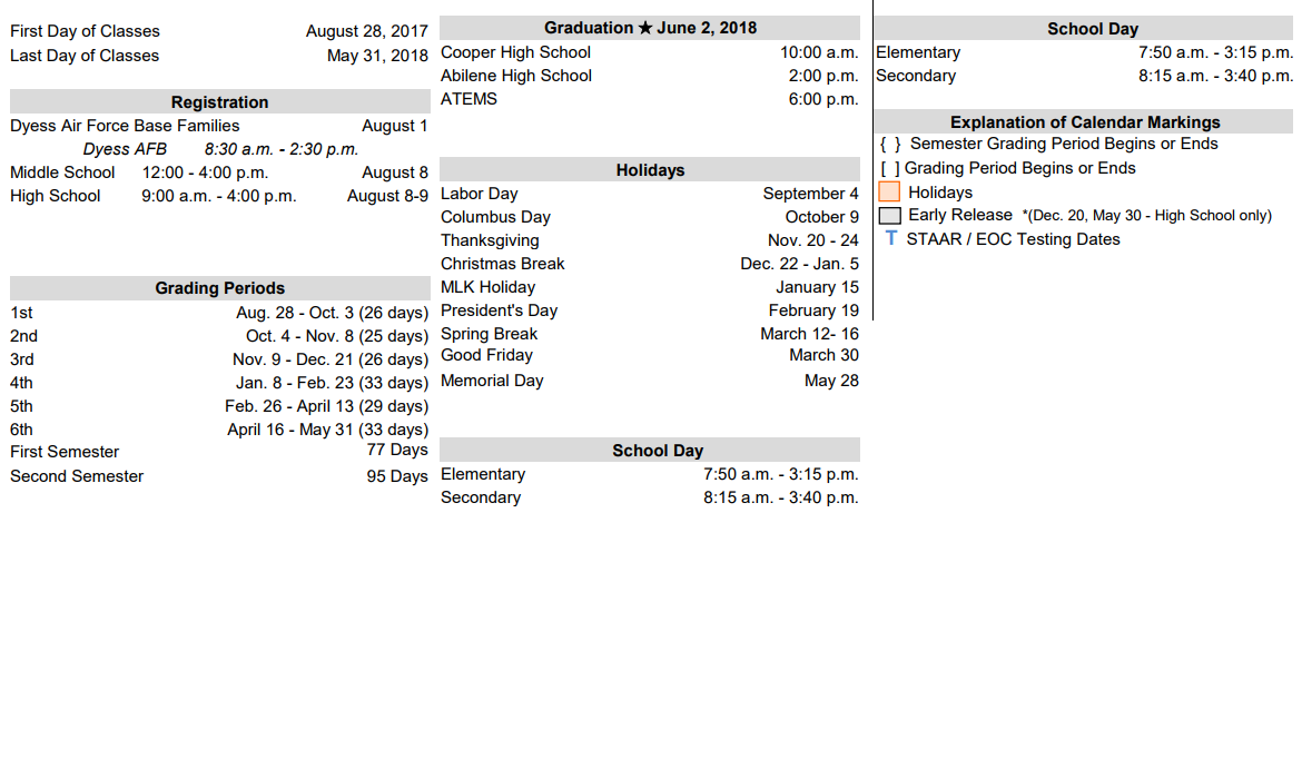District School Academic Calendar Key for Dyess Elementary