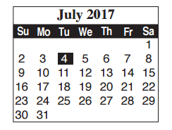 District School Academic Calendar for Egly Elementary for July 2017