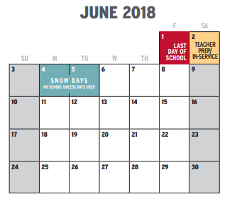 District School Academic Calendar for J T Stevens Elementary for June 2018