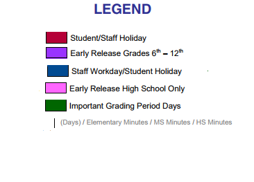 District School Academic Calendar Legend for Elm Grove Elementary School