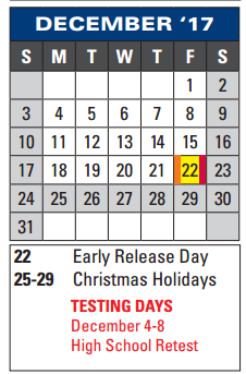 District School Academic Calendar for Rick Schneider Middle School for December 2017
