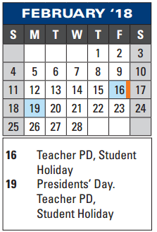 District School Academic Calendar for Rick Schneider Middle School for February 2018