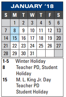 District School Academic Calendar for Rick Schneider Middle School for January 2018
