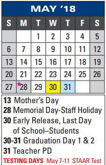 District School Academic Calendar for Thompson Intermediate for May 2018