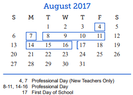 District School Academic Calendar for Lee Middle School for August 2017