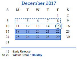 District School Academic Calendar for Lee Middle School for December 2017