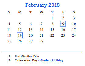 District School Academic Calendar for Lee Middle School for February 2018