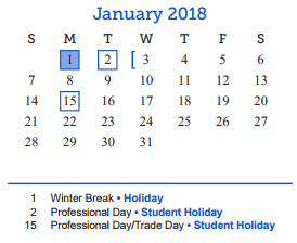 District School Academic Calendar for Lee Middle School for January 2018