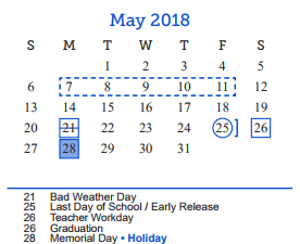 District School Academic Calendar for Lee Middle School for May 2018