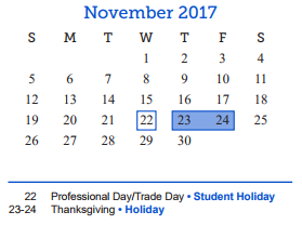 District School Academic Calendar for Lee Middle School for November 2017