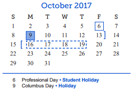 District School Academic Calendar for Central Freshman Campus for October 2017