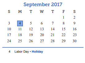 District School Academic Calendar for Lee Middle School for September 2017