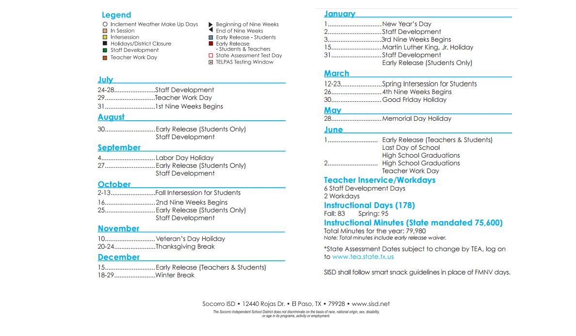 District School Academic Calendar Key for John Drugan School