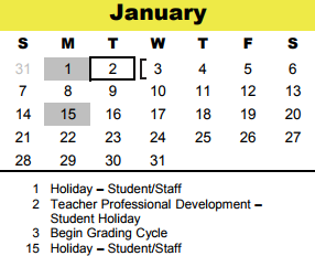 District School Academic Calendar for Memorial Middle for January 2018