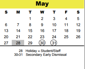 District School Academic Calendar for Memorial Middle for May 2018