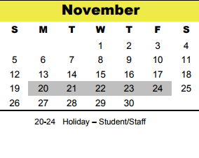 District School Academic Calendar for Memorial Middle for November 2017