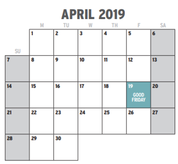 District School Academic Calendar for J T Stevens Elementary for April 2019