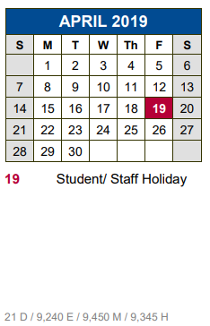 District School Academic Calendar for Elm Grove Elementary School for April 2019