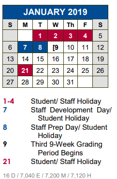 District School Academic Calendar for Elm Grove Elementary School for January 2019
