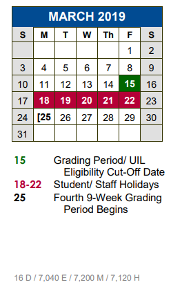 District School Academic Calendar for Elm Grove Elementary School for March 2019