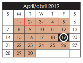 District School Academic Calendar for John Drugan School for April 2019