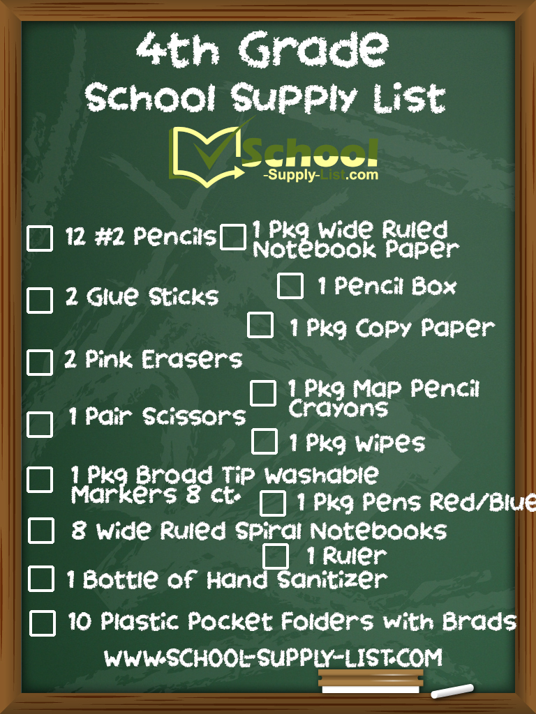 School Supply List Checklist for the 4th Grade 20222023